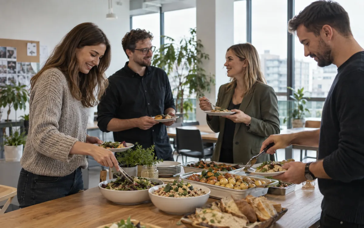 Zespół przy wspólnym stole z cateringiem firmowym