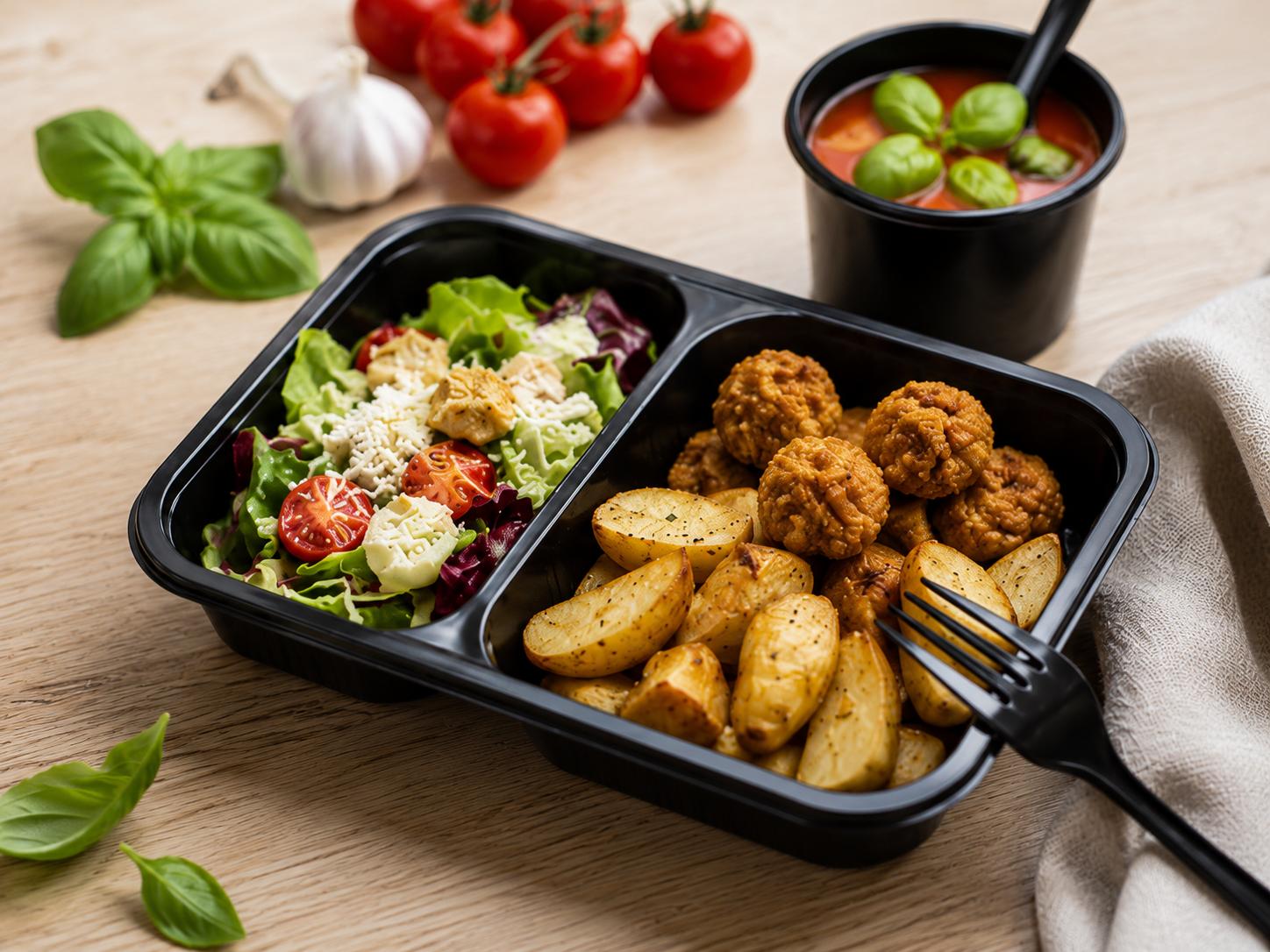 Kraftowy box cateringowy z kanapkami, wrapami, sałatką i deserem