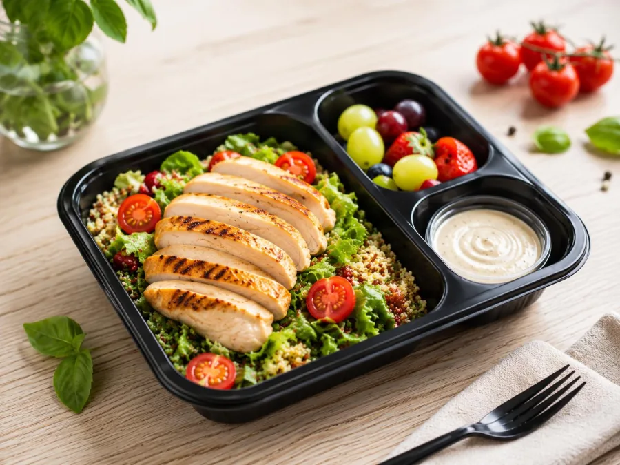 Lunch box cateringowy z grillowanym kurczakiem, sałatką, owocami i sosem