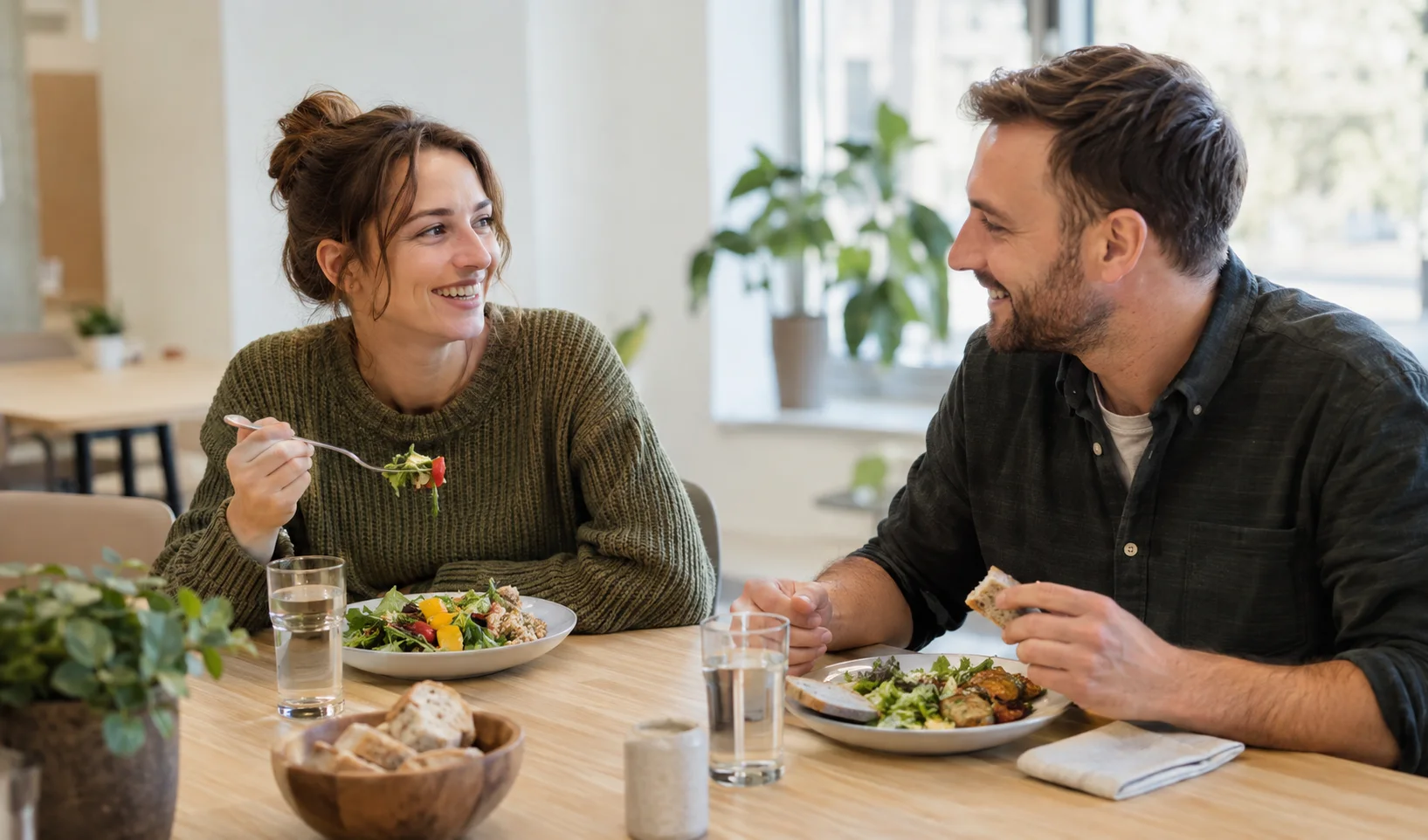 Dwoje współpracowników rozmawia przy świeżym lunchu